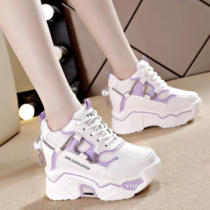 

Ladies Leather Platform Sneakers Spring Sneakers Shoes 8cm High Heels Wedge Outdoor Sneakers Breathable Casual Shoes Zapatillas