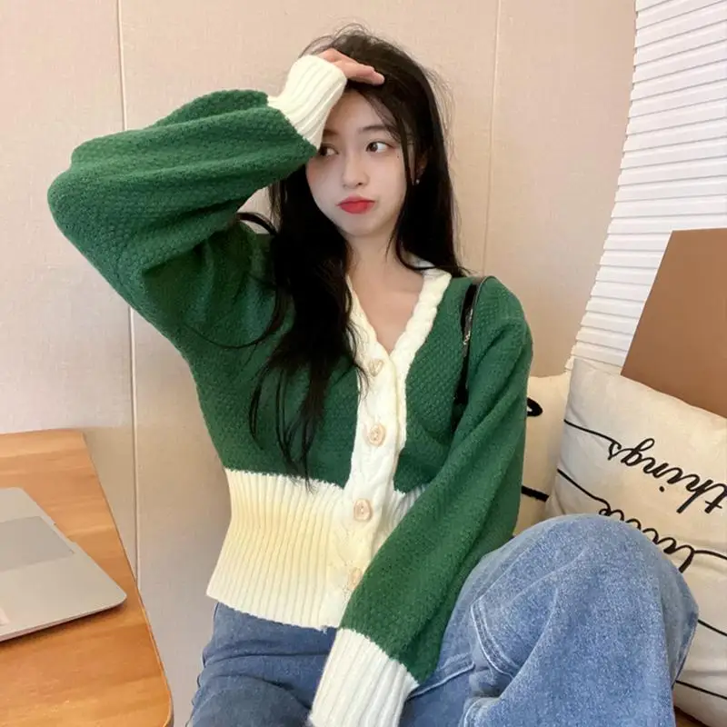 Женский вязаный кардиган с рукавами-фонариками короткий свитер в стиле ретро