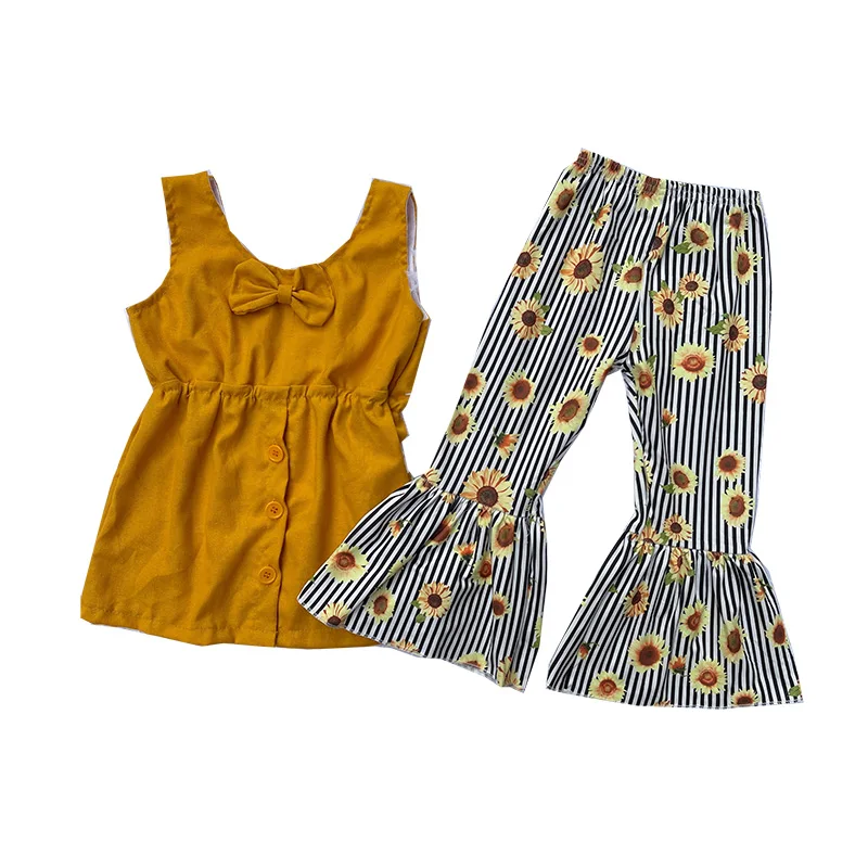 

Boutique toddler girl clothing sets sleeveless bow-knot solid color top sunflower stripes print bell bottom outfits