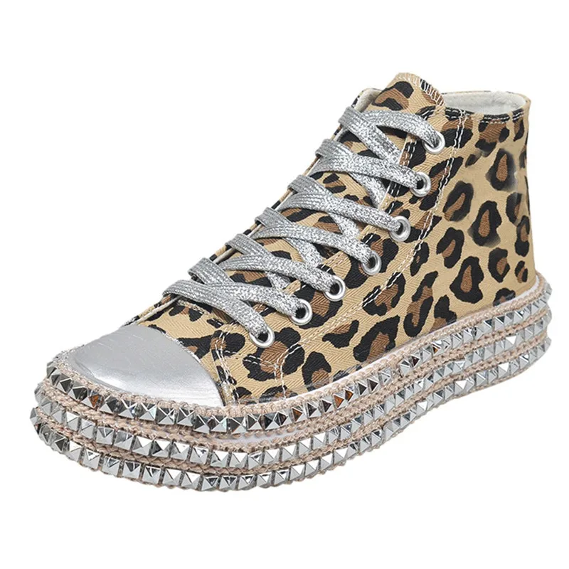 

2022 Women Sneakers Leopard Rivets Shoes Women Canvas Shoes Leisure Top Sneakers Basket Femme Women Shoes