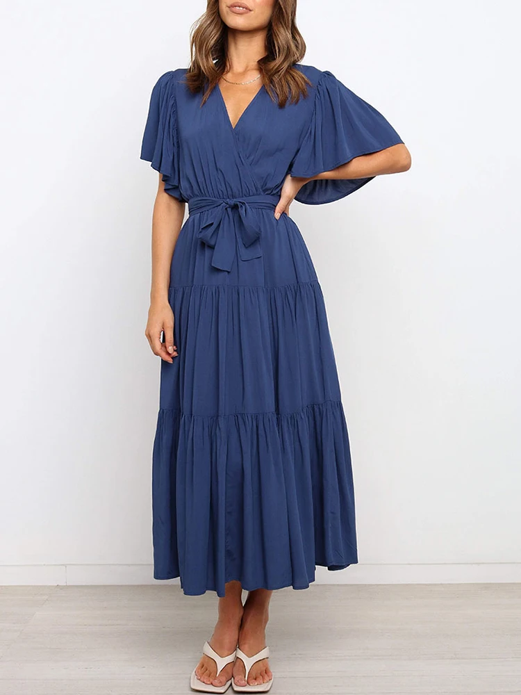 

Женское длинное вечернее платье, элегантное однотонное праздничное платье с V-образным вырезом, завязкой и рукавом в виде листьев лотоса, 2022