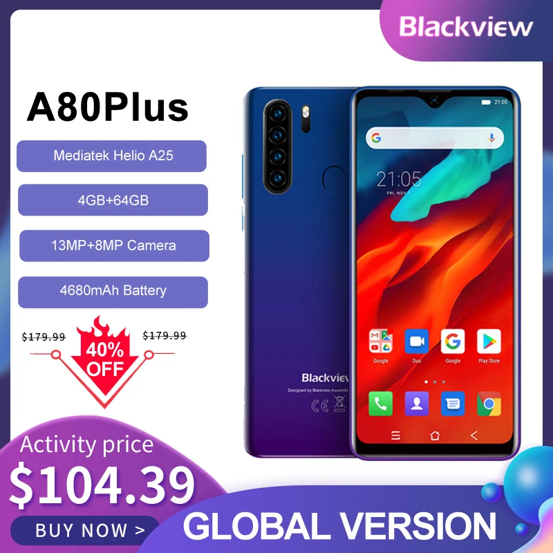 

Smartphone Blackview A80 Plus Octa Core 4GB Ram 64GB ROM 6.49 Inch Global Version Smart Phone Android 10 13MP 4G Mobile Phones