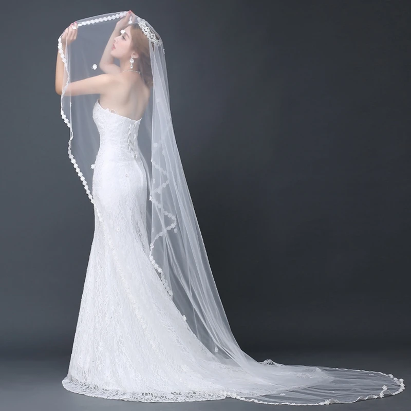 

Bridal Veil One-Layer Flower Decoration Rim Illusion Tulle Long Drop Chapel-Veils for Bride Elegant Photo Props