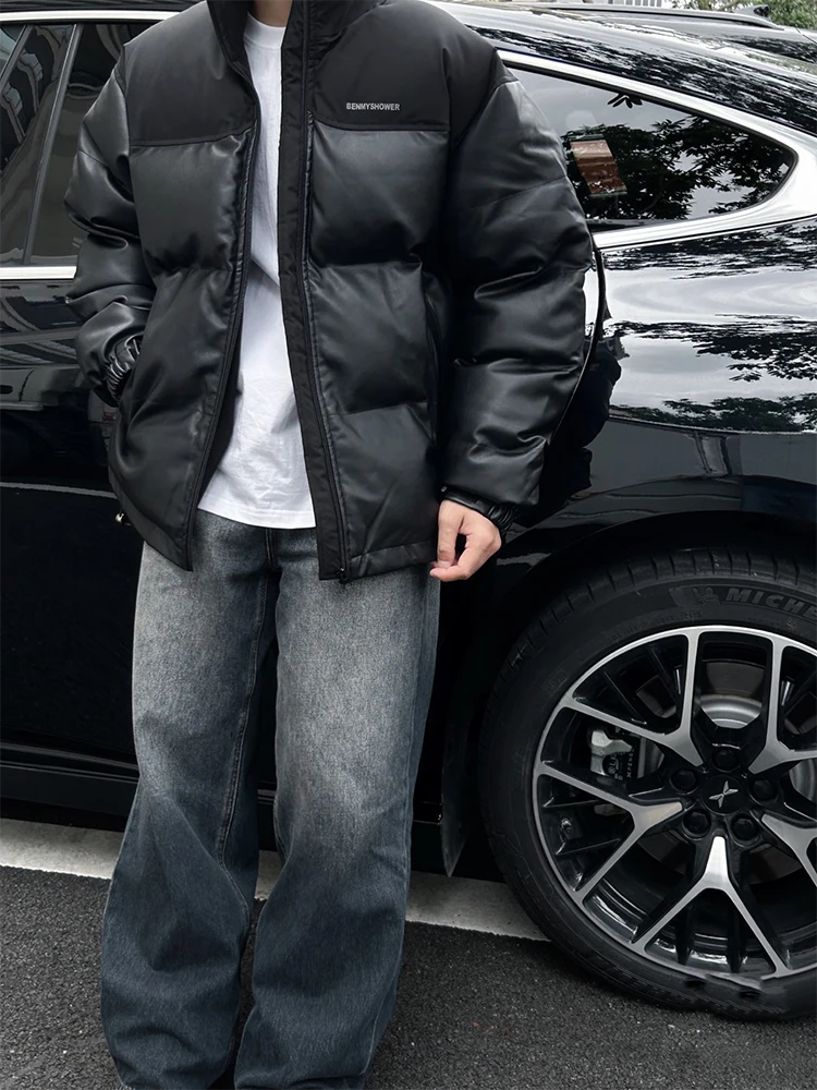 Мужской зимний пуховик из искусственной кожи с воротником-стойкой American-Sle модная