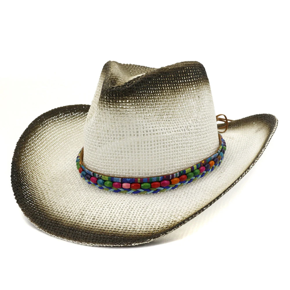 

Summer Unisex Wide Brim Sun Paper Straw Jazz Hats with Colored Beads Decor Beach Cowboy Cowgirl Hat Travel Sunhat for Men Women