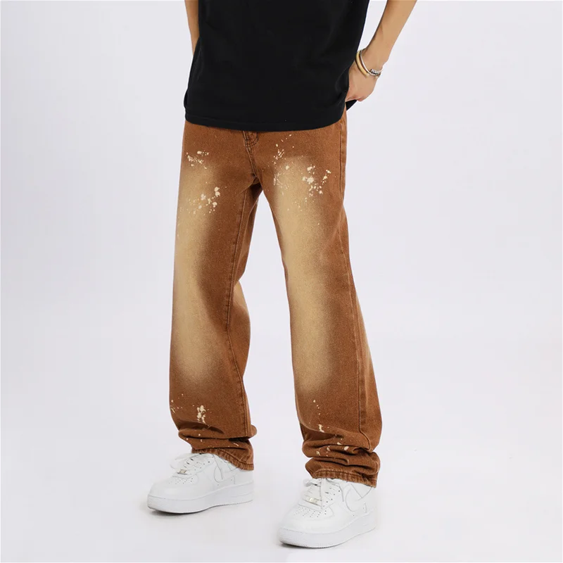 Streetwear Men New Pattern Vintage Recreational Brown Pants Straight Cylinder Comfortable Loose Splash Ink Jeans Autumn Female