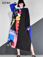 xitao print patchwork dress women loose fashion streetwear stand collar 2020 new autumn full sleeve dress zp2745
