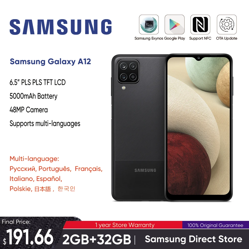 

Samsung Galaxy A12 смартфон, 4 Гб ОЗУ 64 Гб ПЗУ, экран 6,5 дюйма, две SIM-карты