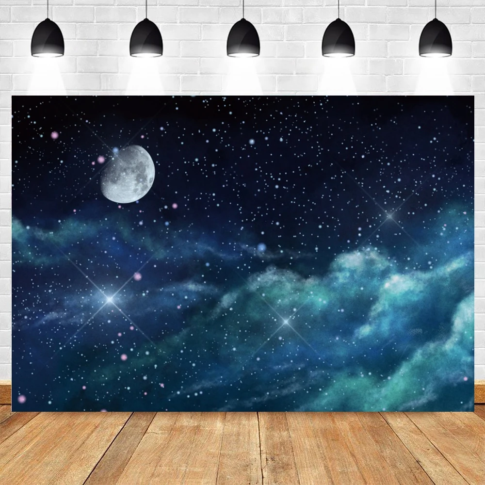 

Night Sky Photography Backdrop Full Moon Starry Galaxy Banner Space Theme Birthday Baby Shower Party Decor Supplies Background