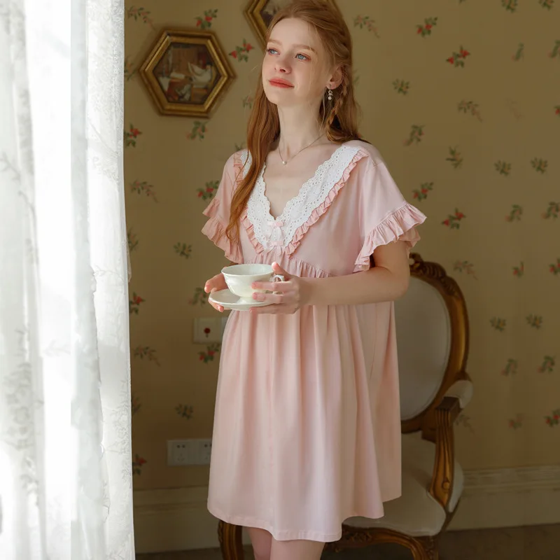 

Summer Women Ruffles Applique Mini Nightgown Cotton V-Neck Short Sleeve Sleepwear Ladies Loose Casual Nightdress