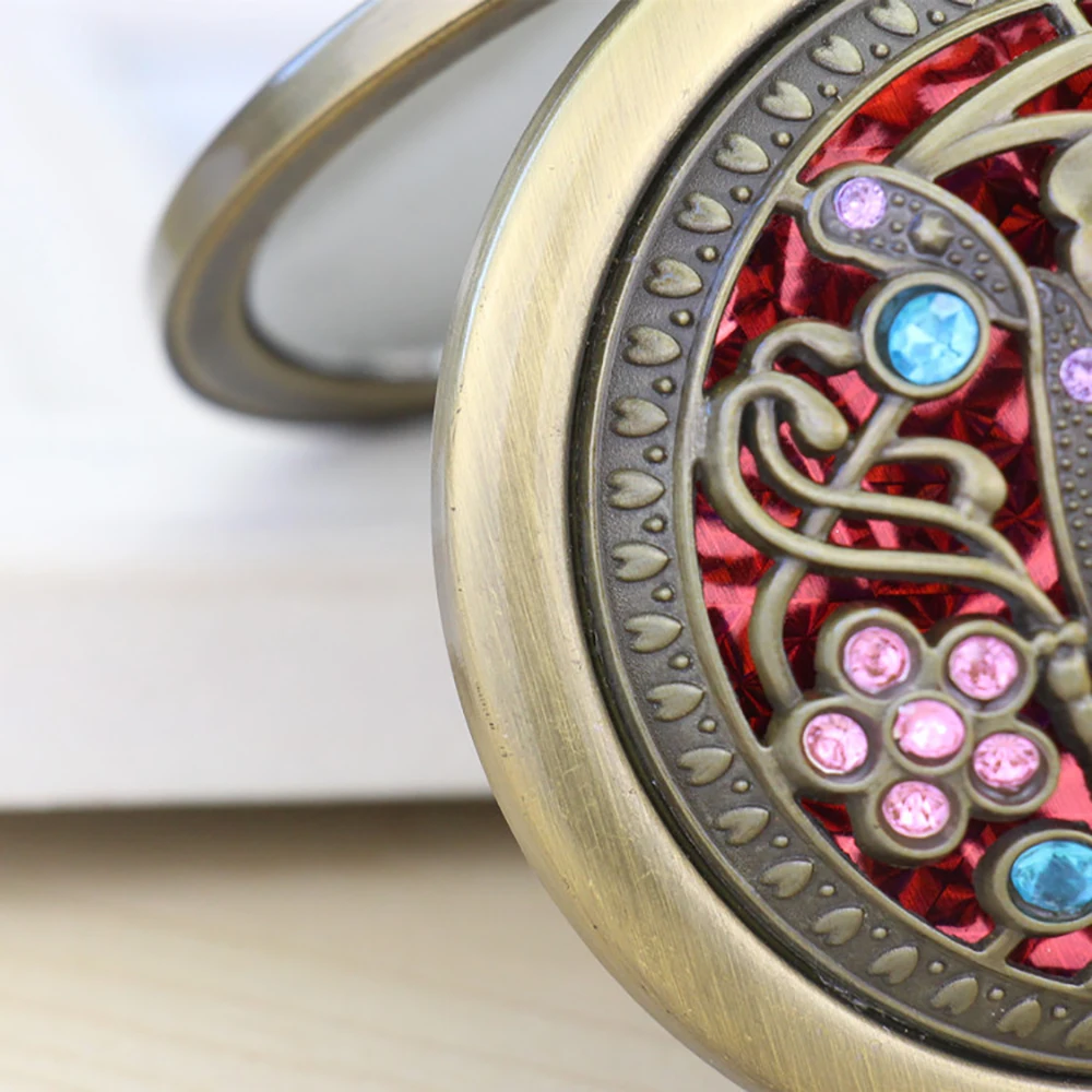 Металлическое бронзовое круглое зеркало для макияжа маленькое складное полое