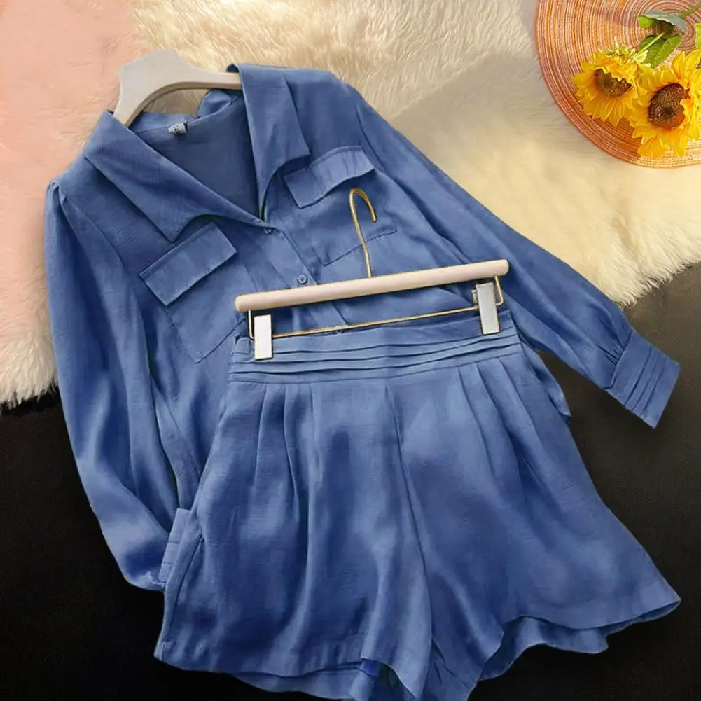 

Solid Color Shirt Shorts Set Stylish Women's Shirt Shorts Set Single-breasted Solid Color Elastic Waist Long Sleeve Lapel Patch
