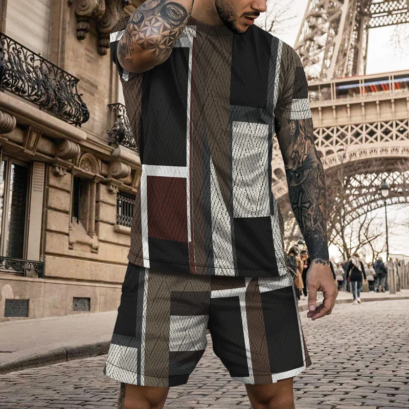 2023 Men's Latest Summer Two-piece Fashion Casual Short-sleeved T-shirt Short Suit Street Clothes Vintage Geometric Pattern Prin