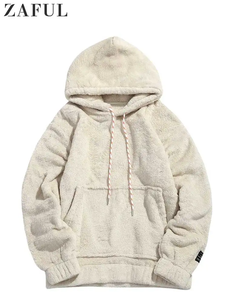 ZAFUL Solid Hoodie for Men Fluffy Sweatshirts Fall Winter Streetwear Pullover Basic Unisex Hooded Sweats Jumper with Pocket