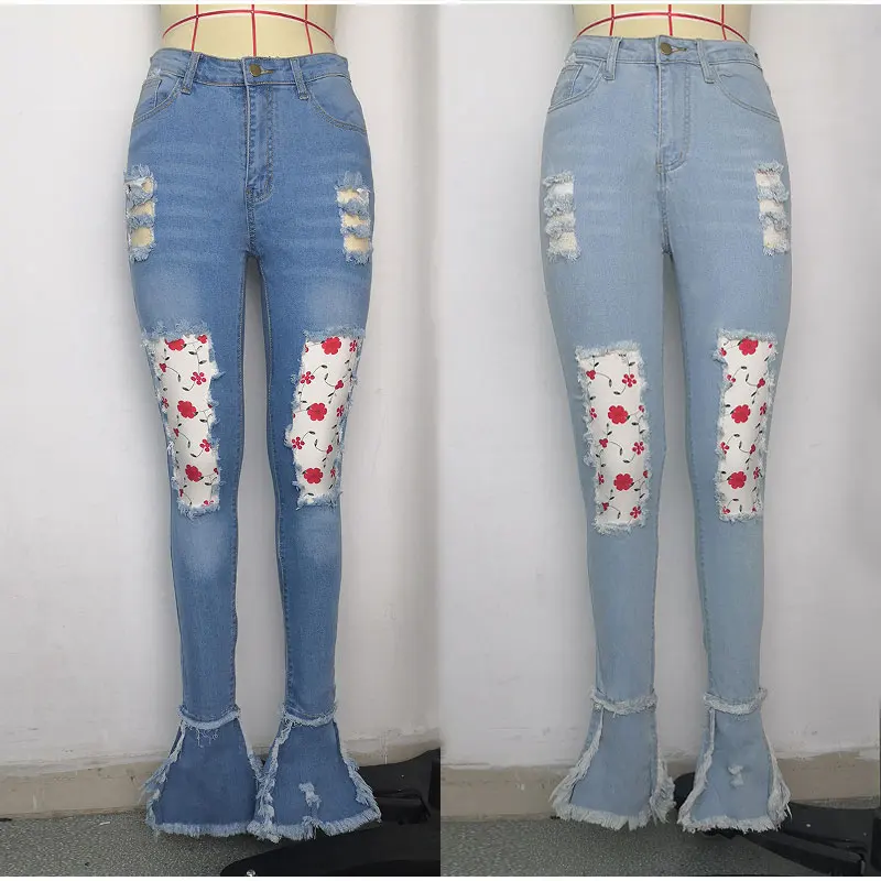 

Women Spring Stretchy Ripped Skinny Flare Jeans Bell Bottom Multicolor Flower Embroidery Mesh Sheer Boho Patchwork Denim Joggers