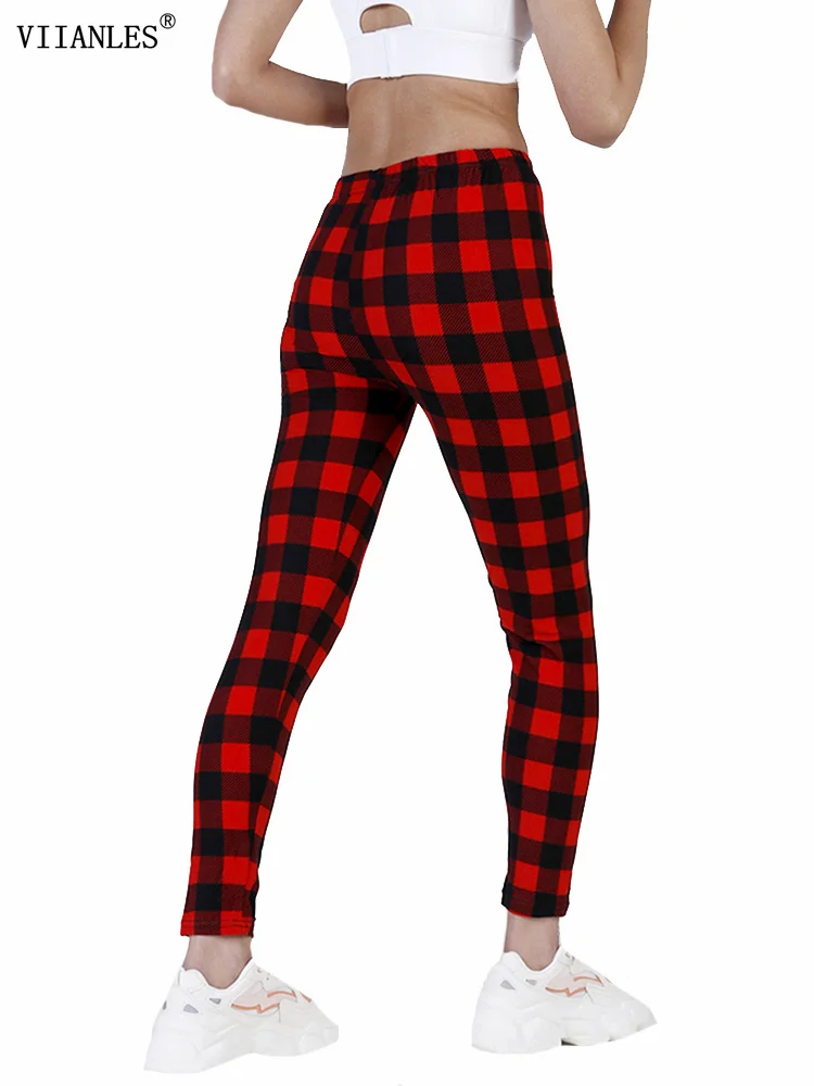 

Женские черные и красные леггинсы VIIANLES с принтом в клетку, эластичные сексуальные женские трико из полиэстера, брюки-карандаш для тренировок, повседневные Леггинсы