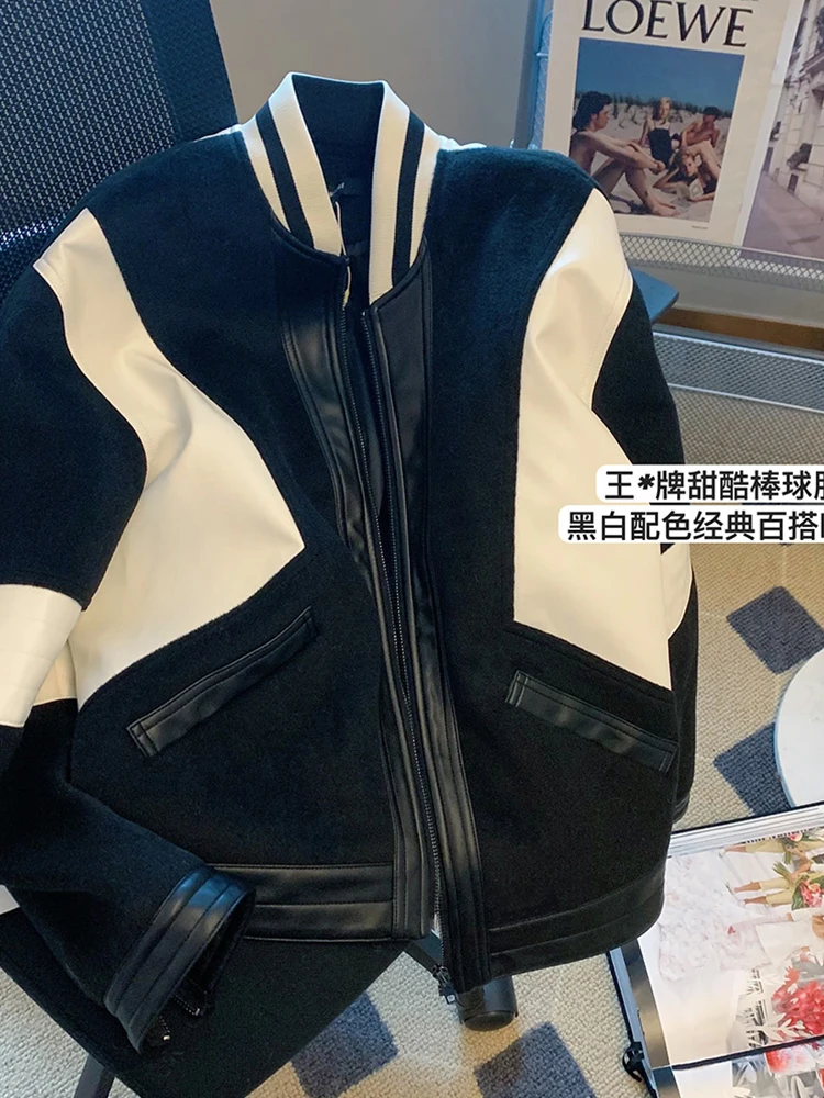 

Autumn Winter Women Contrast Color Patchwork PU Faux Leather Design Jacket Loose Long Sleeve Stand Neck Lady Baseball Uniform