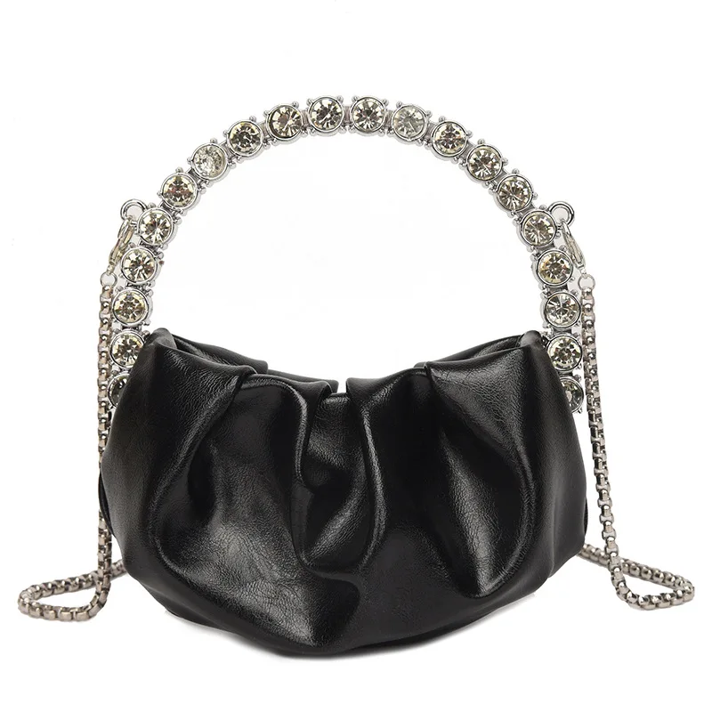 

Fashion Ladies New Round Handle Rhinestone Diamond Circular Evening Bag Pu Leather Mini Chain Shoulder Ruched Bags