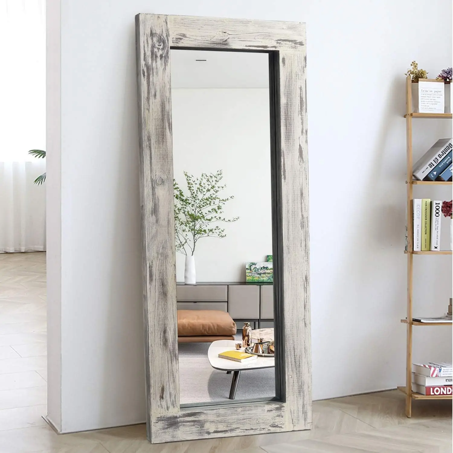 

Full Length Mirror Floor Mirror Wood Frame Wall Mounted Mirror Distressed Style Wide Frame Dressing Make Up Mirror for Bathroom/