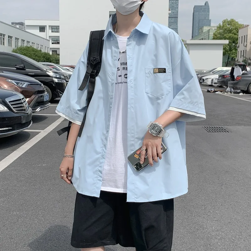 Streetwear Shirt Men Solid  Short Sleeve Shirts Loose Summer Fashion Casual Korean Shirt Mens Tops Clothes 2022 E23