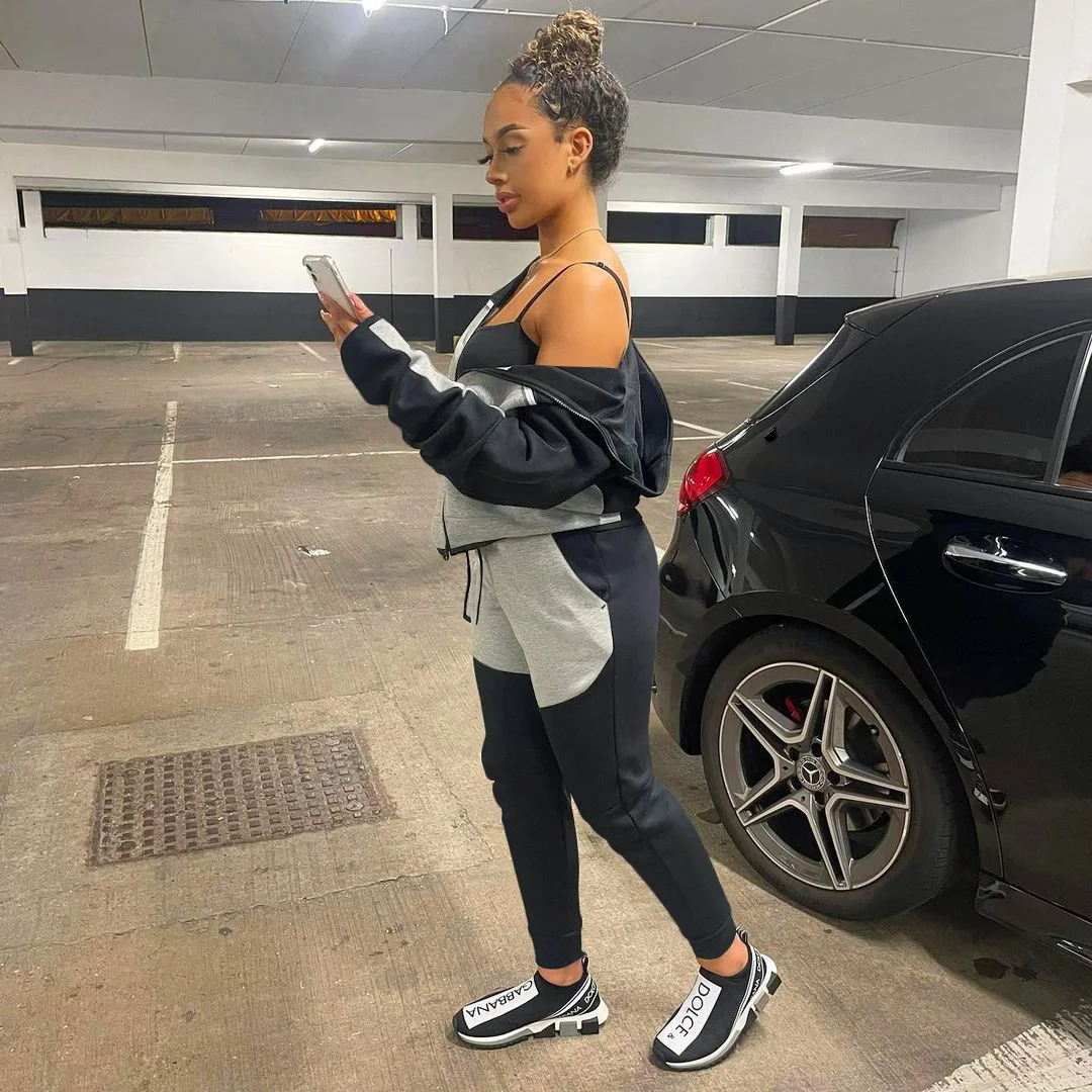 

Printed color block women's tracksuit fashion Cardigan long sleeve zipper jacket + belted jogging pants