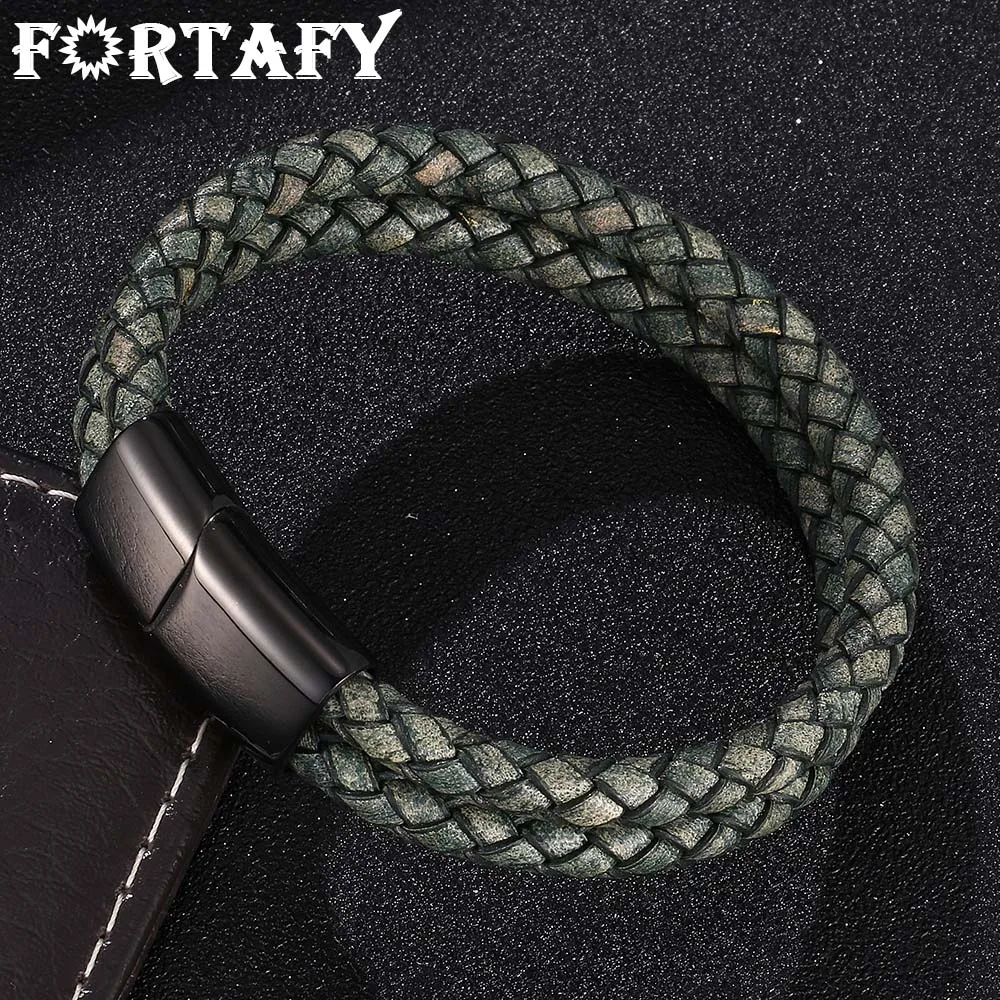 

FORTAFY Jewelry Punk Antique Green Double Braided Leather Bracelet Stainless Steel Magnetic Clasp Male Wristband Gifts FR0509