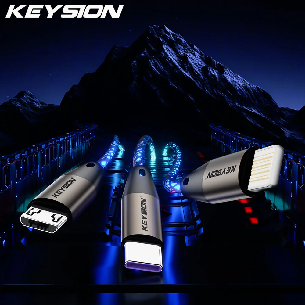 Фото KEYSION USB-кабель 3 в 1, цветной светодиодный RGB-подсветка, градиентный шнур Micro USB Type-C, провод для быстрой зарядки для iPhone, Samsung, Xiaomi, OPPO №2