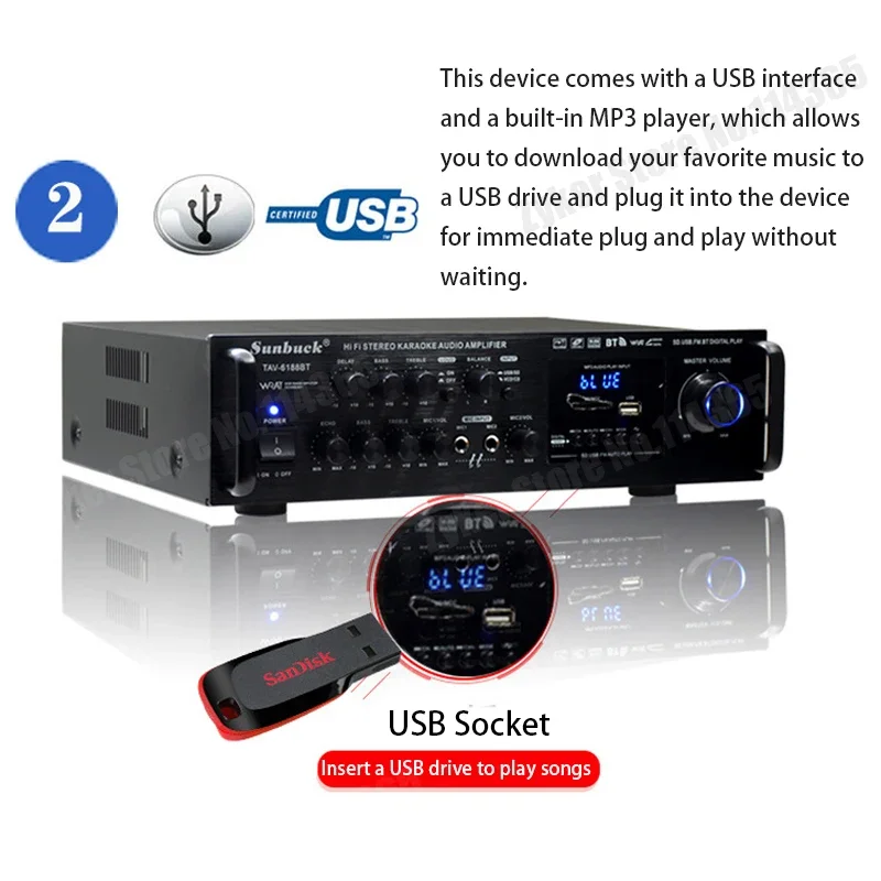 Фото 6188BT Bluetooth аудио усилитель 12 В 220 В 326BT цифровой стерео усилитель с поддержкой входа микрофона USB SD FM AUX для домашнего автомобиля №2