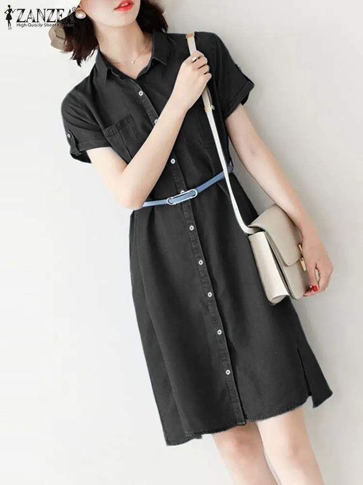 

ZANZEA Workplace Solid Shirt Dress Women Summer Knee-length Dress Lapel Denim Vestidos Office Casual Short Sleeve Elegant Robe