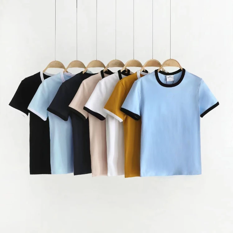 

Women Summer Embroidery Logo Contrasting Collar Casual Short Sleeved T-shirt