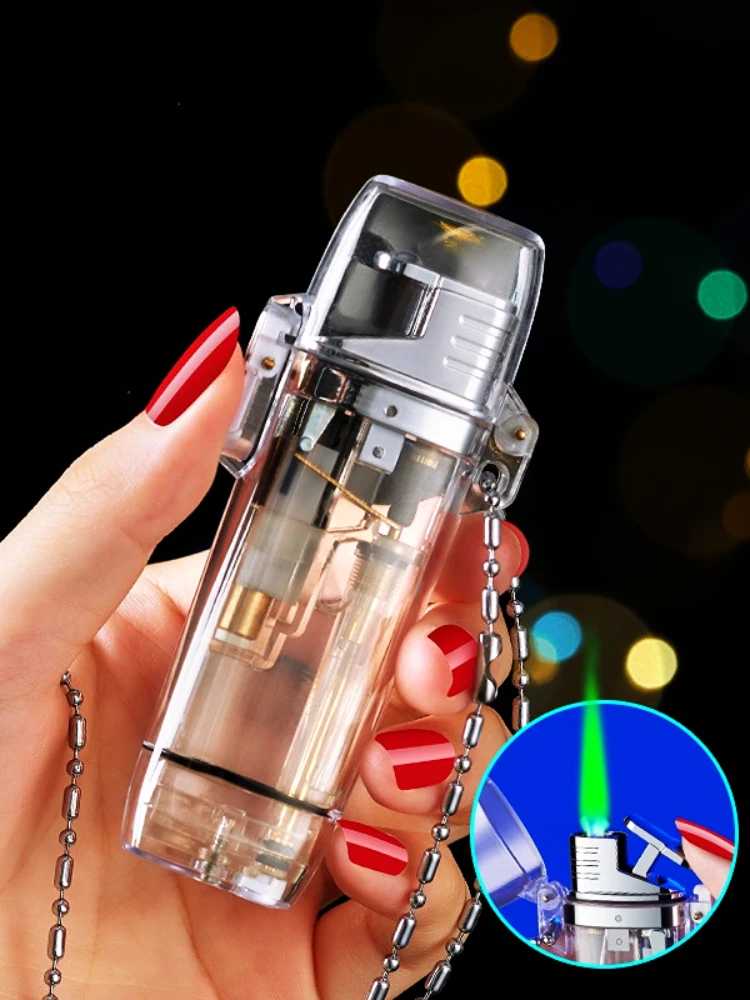 

New transparent gas box windproof green lighter Personalized creative waterproof rope igniter Smoking accessories gift
