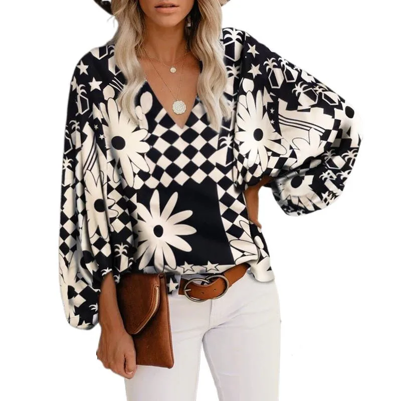 

2022 New Spring Autumn Floral Print Blouse Women Long Latern Sleeves All Match Silmple Loose Shirts Lady Office Wear Blusa Femme