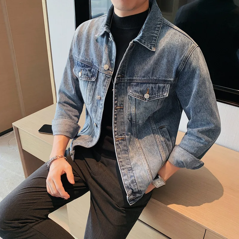 

2022 Denim Jacket Men Casual Slim Fit Jean Denim Jacket Cotton Outwear Streetwear Turn Down Collar Denim Coats Men Clothing