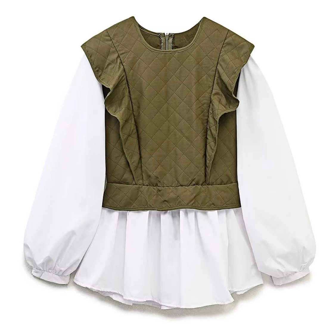 

Dave&Di Patchwork Ruffles Long Sleeve Fashion Army Green Blouse Women Tops