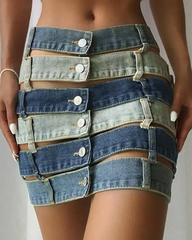 

Sexy Night Out Party Skirts for Women 2023 Colorblock Buttoned Hollow Out Fashionable Bandage ladies Mini Skirt Streetwear yk2