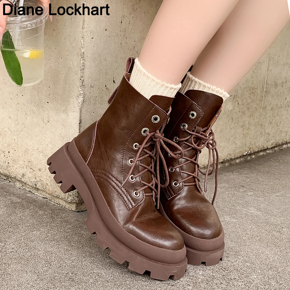 

Женские ботильоны в байкерском стиле; Обувь из натуральной кожи; Цвет коричневый; Обувь на танкетке; Коллекция 2022 года; Женские классические теплые зимние ботинки на платформе со шнуровкой; Botas Mujer