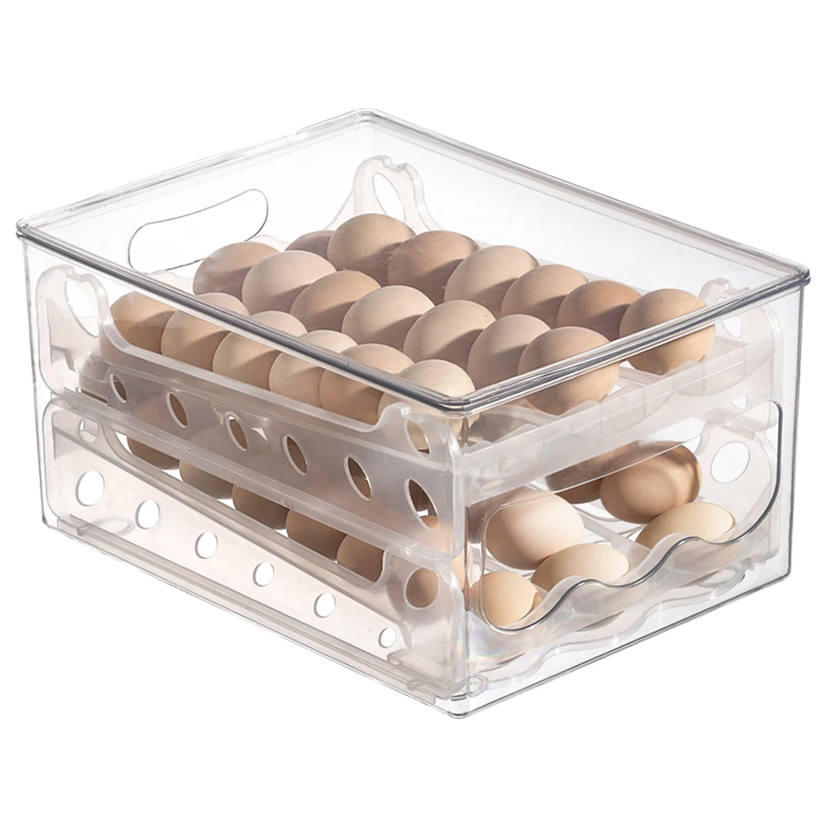 

New Egg Holder for Refrigerator 2-Layer Large Capacity Egg Storage Container Auto Rolling Egg Storage Box Clear Plastic Egg