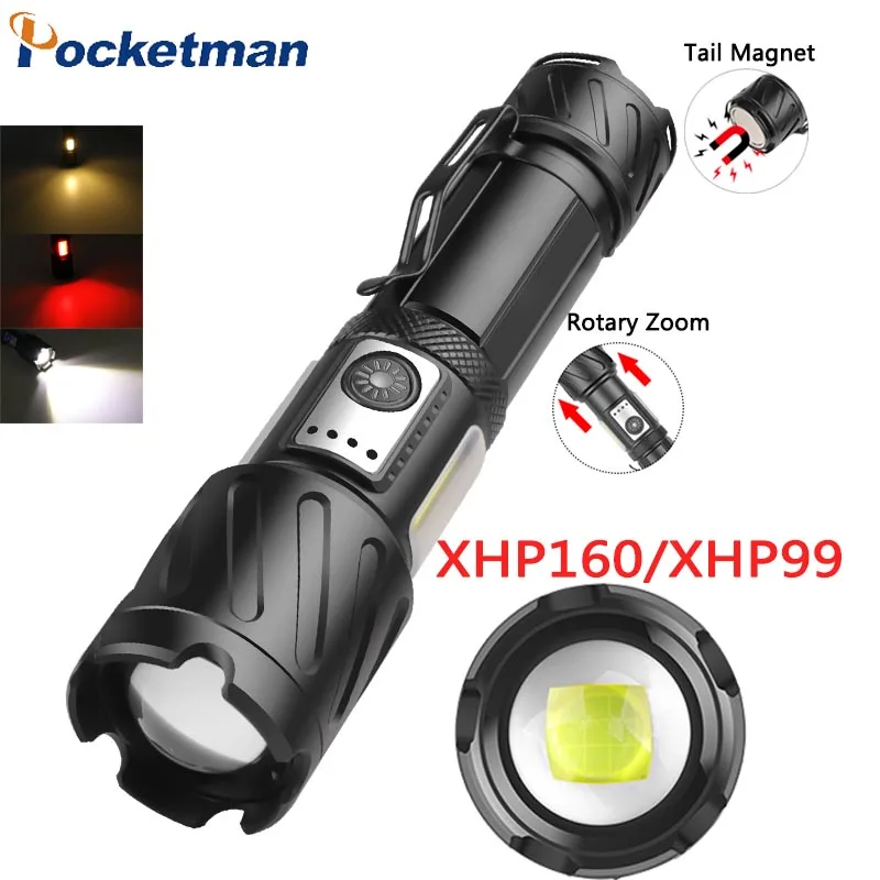 

XHP160/XHP99 COB LED Flashlights 6 Modes Type-C Rechargeable Aluminum Zoomable Torch by 18650/26650 Waterproof Lanterna