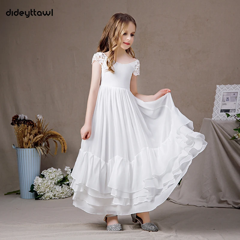 

Dideyttawl White Chiffon First Communion Dresses Simple Cap Sleeve Ruffles Junior Bridesmaid Gown Concert Birthday Party Pageant