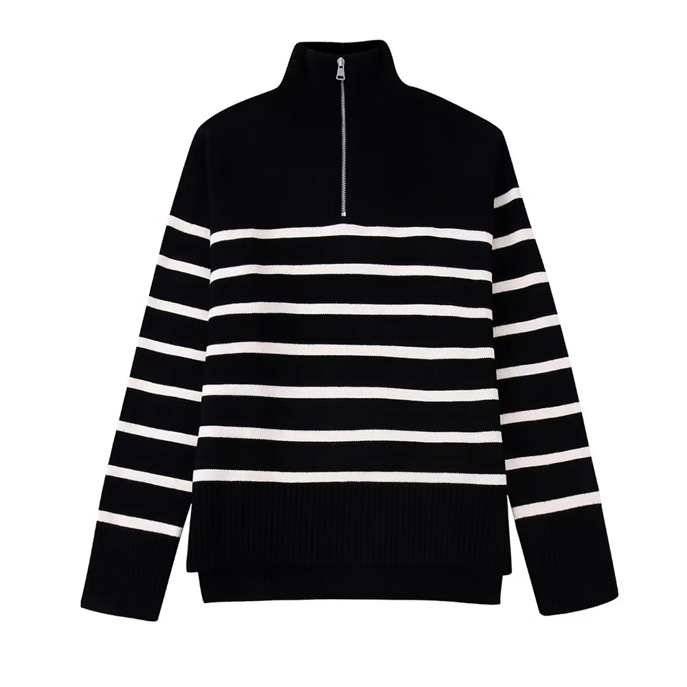 TRAF Women Fashion Loose Striped Asymmetry Knitted Sweaters Vintage Long Sleeve Zip-up Female Pullovers Chic Tops