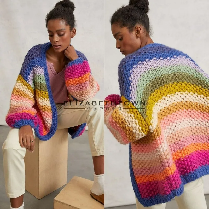 

Neploe 2023 Autumn Winter Punk Style Cardigans Femme Handmade Rainbow Striped Contrast Thick Needle Sweater Coat Women Clothing