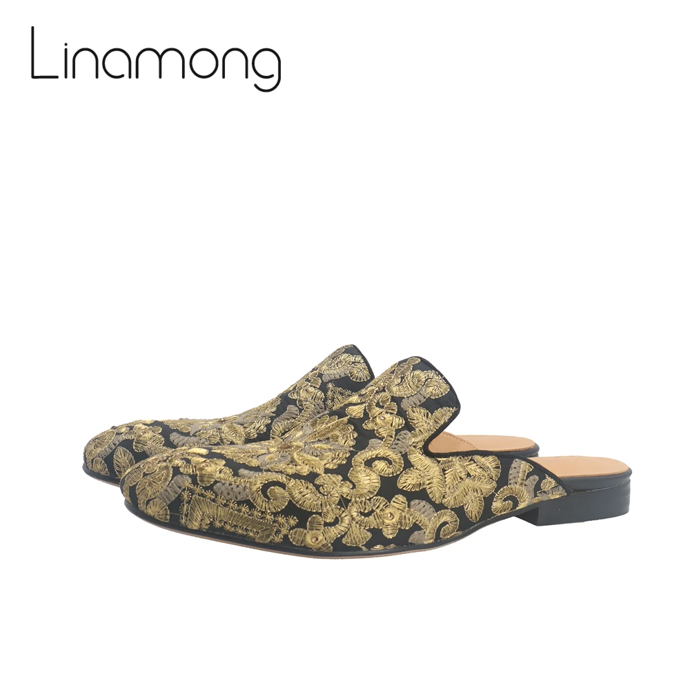Royal Style Cow Suede Slip On Shoes Round Toe Flat Slippers Black And Gold Fashion Men Slippers