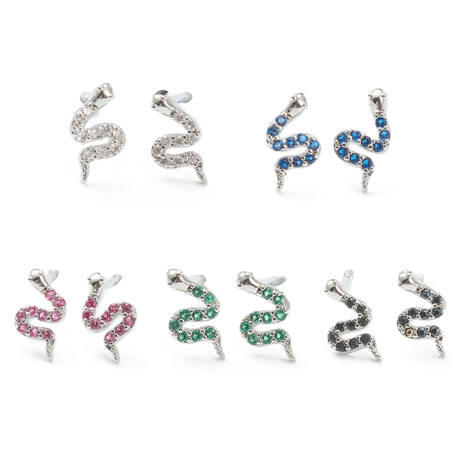 

Kissitty 5 Pairs Mixed Color Snake Shape Brass Micro Pave Cubic Zirconia Stud Earrings For Women DIY Jewelry Findings Gift