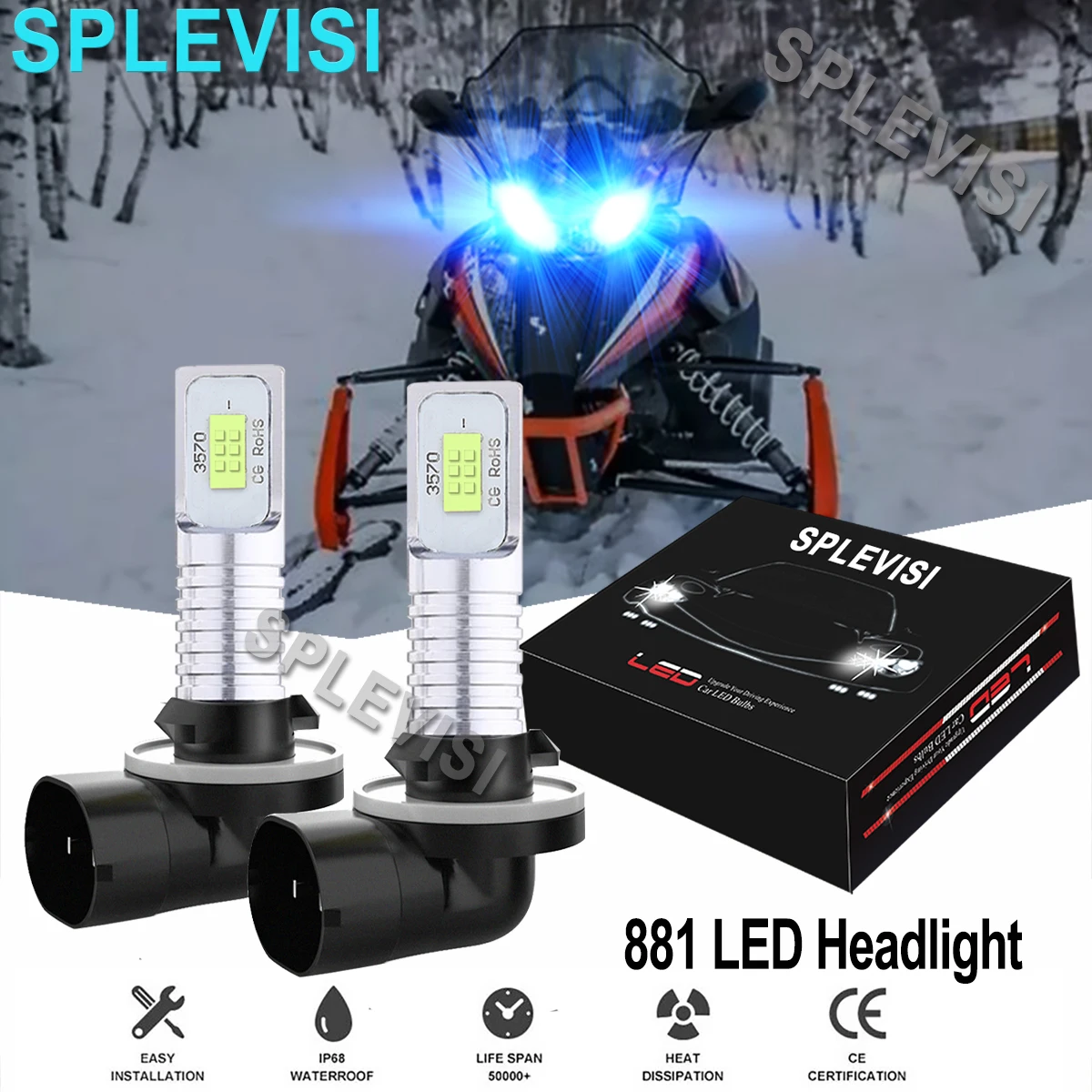 2x 70W 8000K Ice Blue LED Headlights Bulbs Kit For Arctic Cat Snowmobiles Crossfire 500 600 700 800