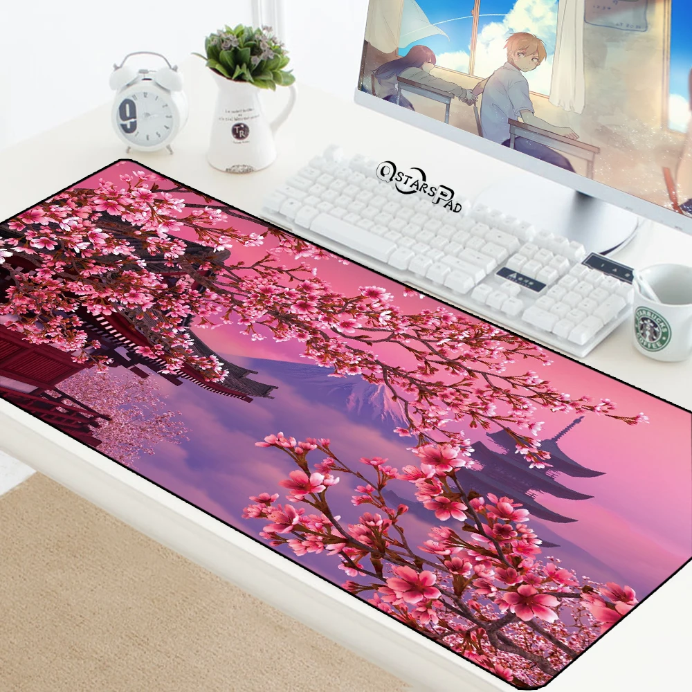 

800x300mm Japanese Cherry Blossom Print Gaming Player Desk Laptop Rubber Locking Edge Mouse Mat XXL Pink Large Keyboard Deskmat