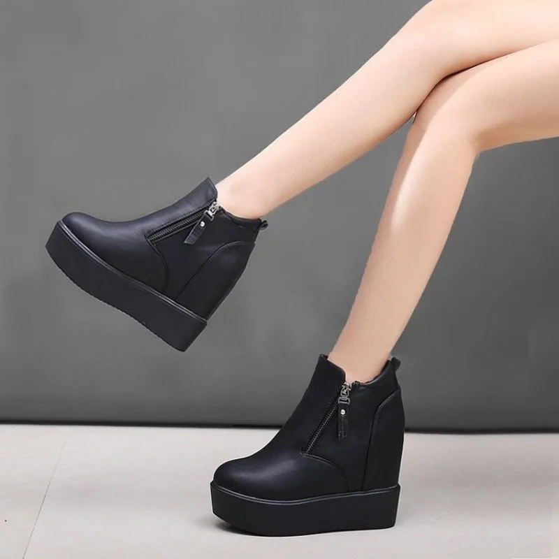 

Autumn winter thick-soled inner heightening ankle boots women super high heel non-slip double side zipper Nice bootssr54