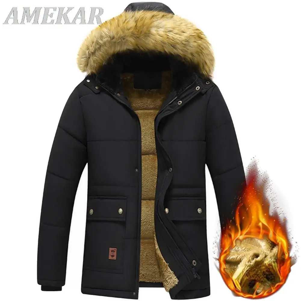 2023 New Men's Winter Parka Fleece Lined Thick Warm Hooded Fur Collar Coat Male Down Jacket Plush Jacket Autumn Work Outwearing