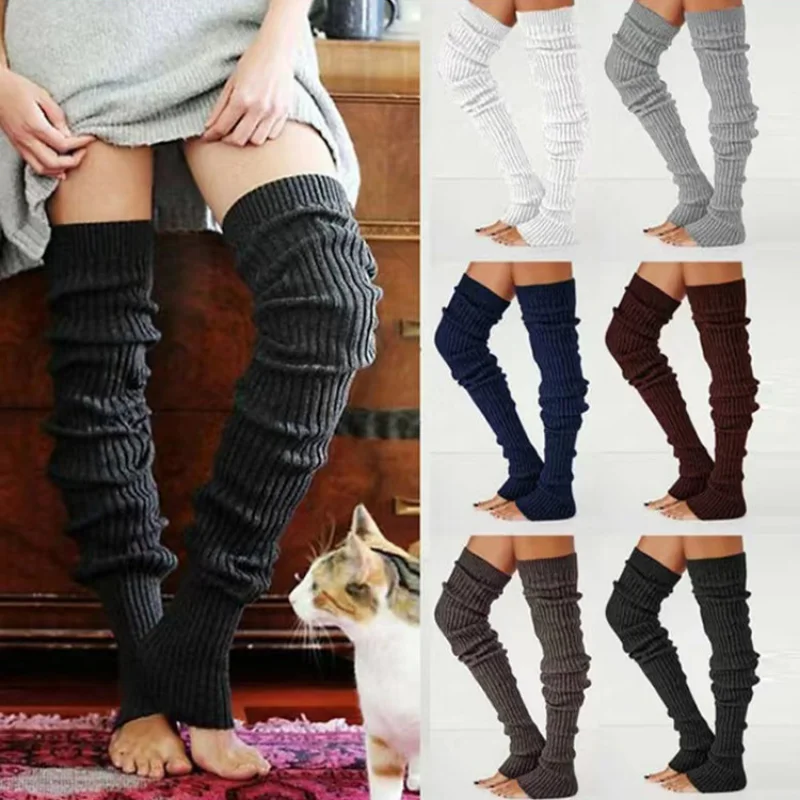 Autumn and Winter Solid Color Knitted Stockings Female Thigh Sexy Long Stockings Leg Warmers Over Knee Socks Women Wool Socks