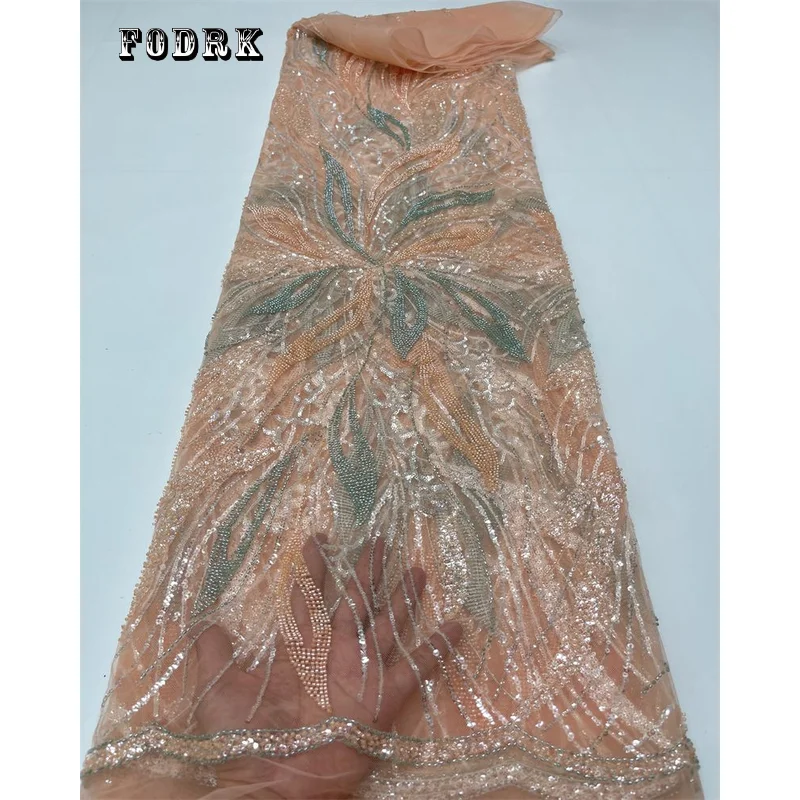 

2023 Newest Luxury sequins Beaded Tube Lace Fabric High Quality African French Tulle Mesh Lace Fabric For Party Dress Sewing