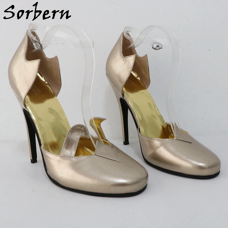 Sorbern Gold Real Leather Women Shoes 14Cm High Heel Round Toe Transparent Ankle Strap Stilettos Pumps Made-To-Order